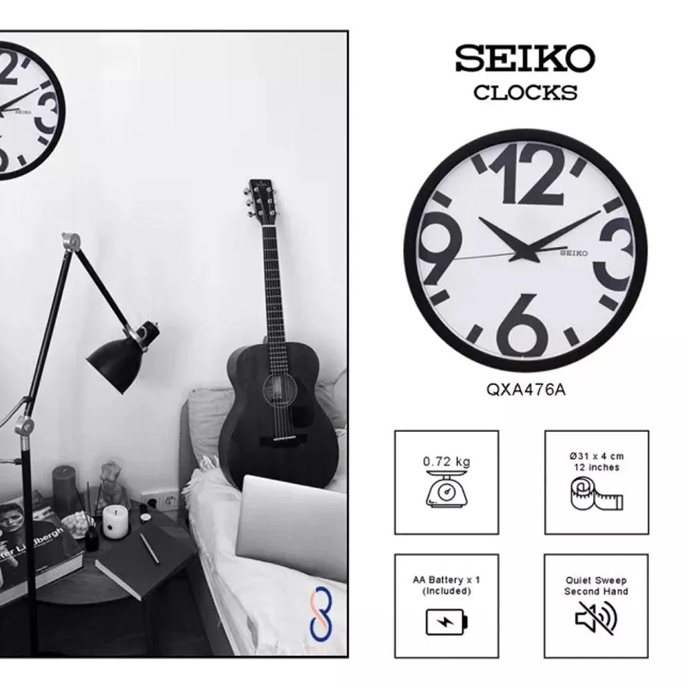 Seiko Black & White Quiet Sweep Hand Wall Clock QXA476A