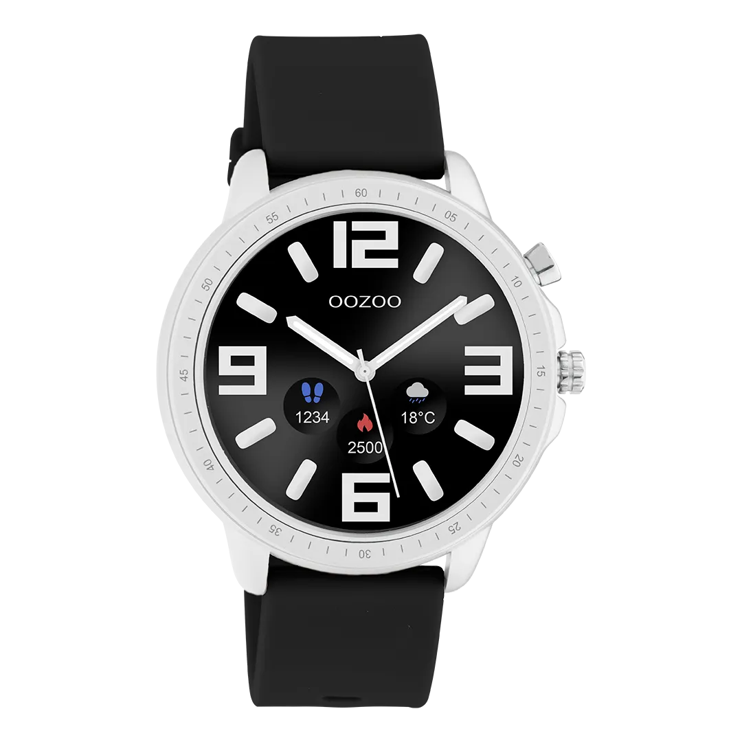 Silver coloured OOZOO smartwatch with black rubber strap - Q00300