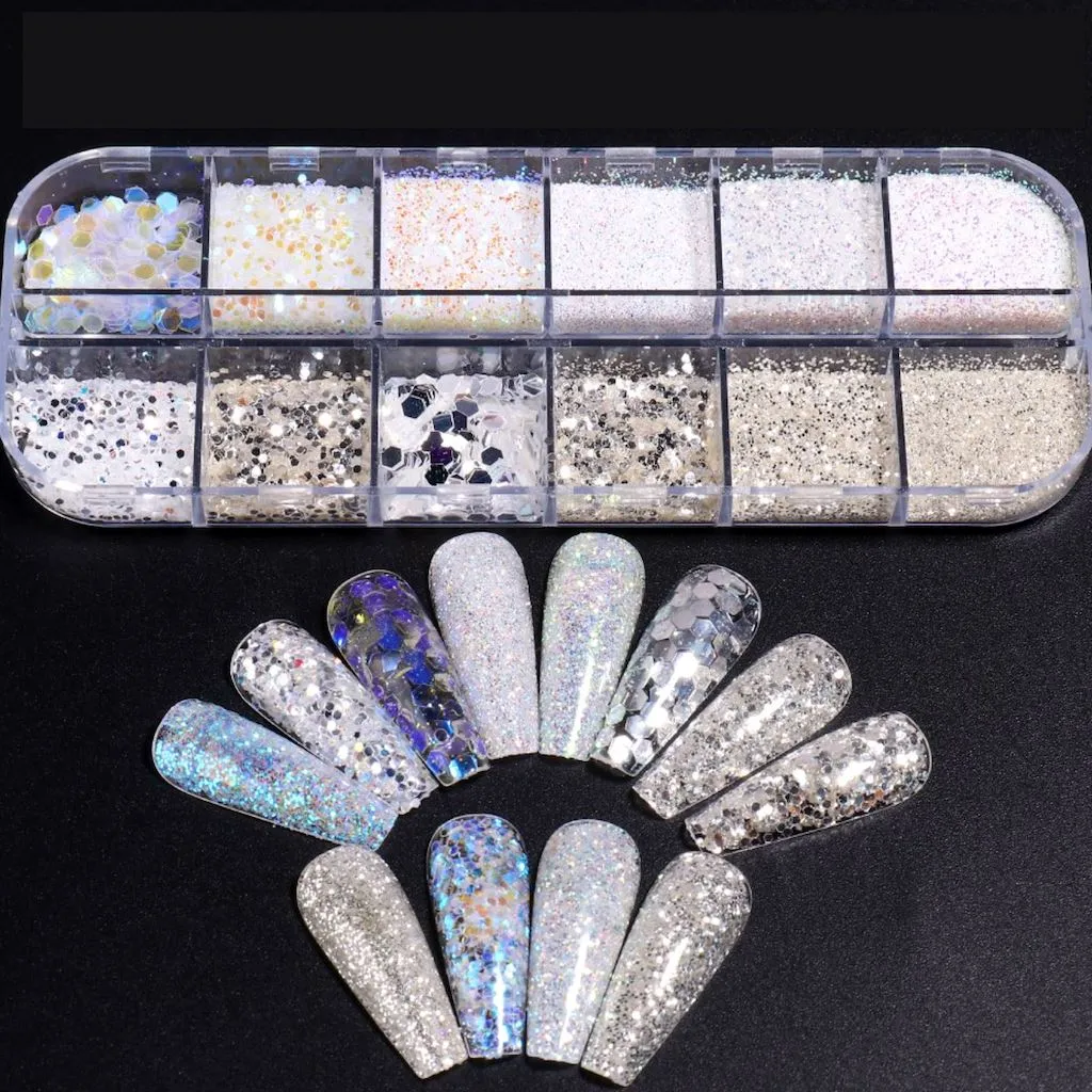 Silver Glitter Flakes and Holographic Sequins Nail Art Tray