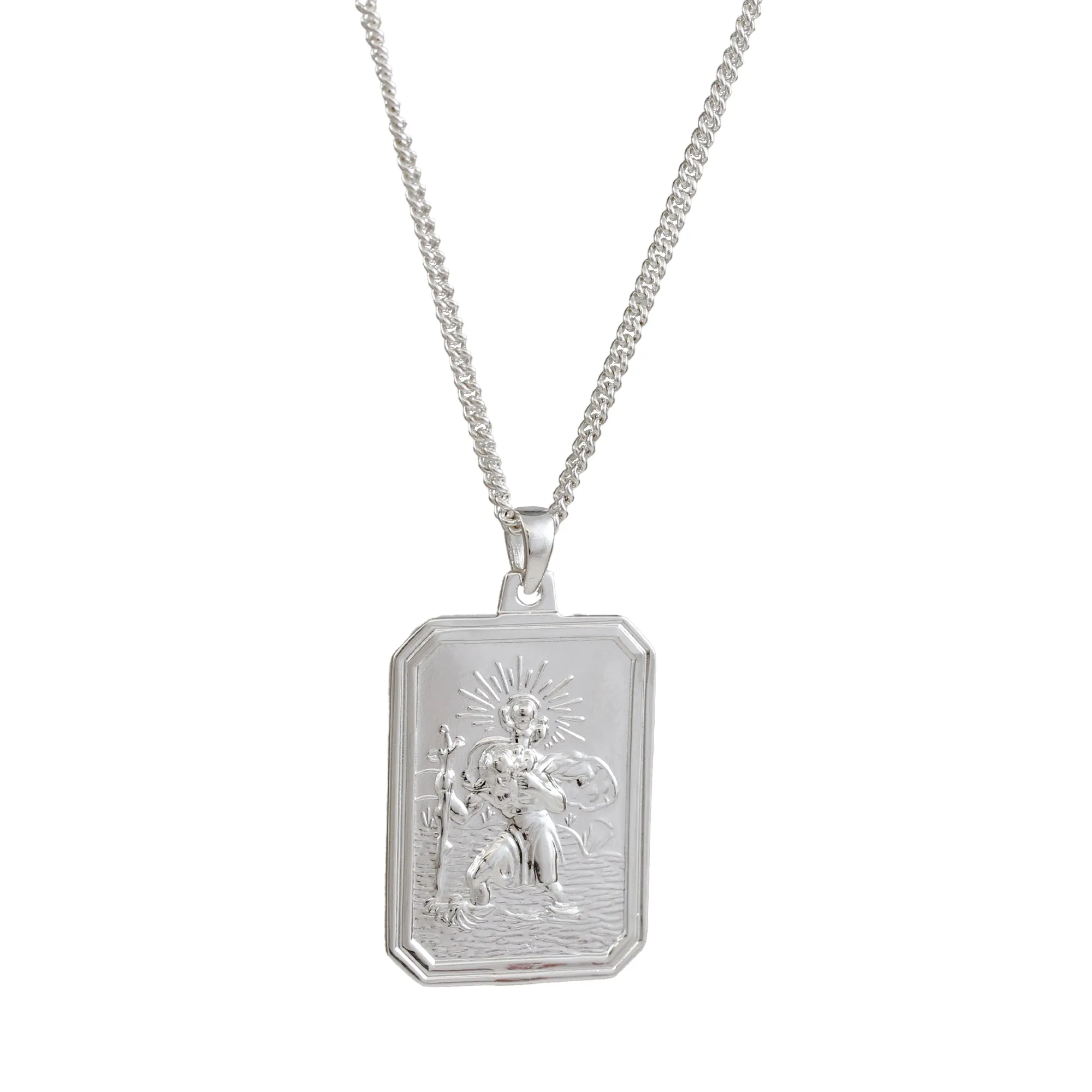 St Christopher Dog Tag Silver Necklace (Cast Sterling Silver)