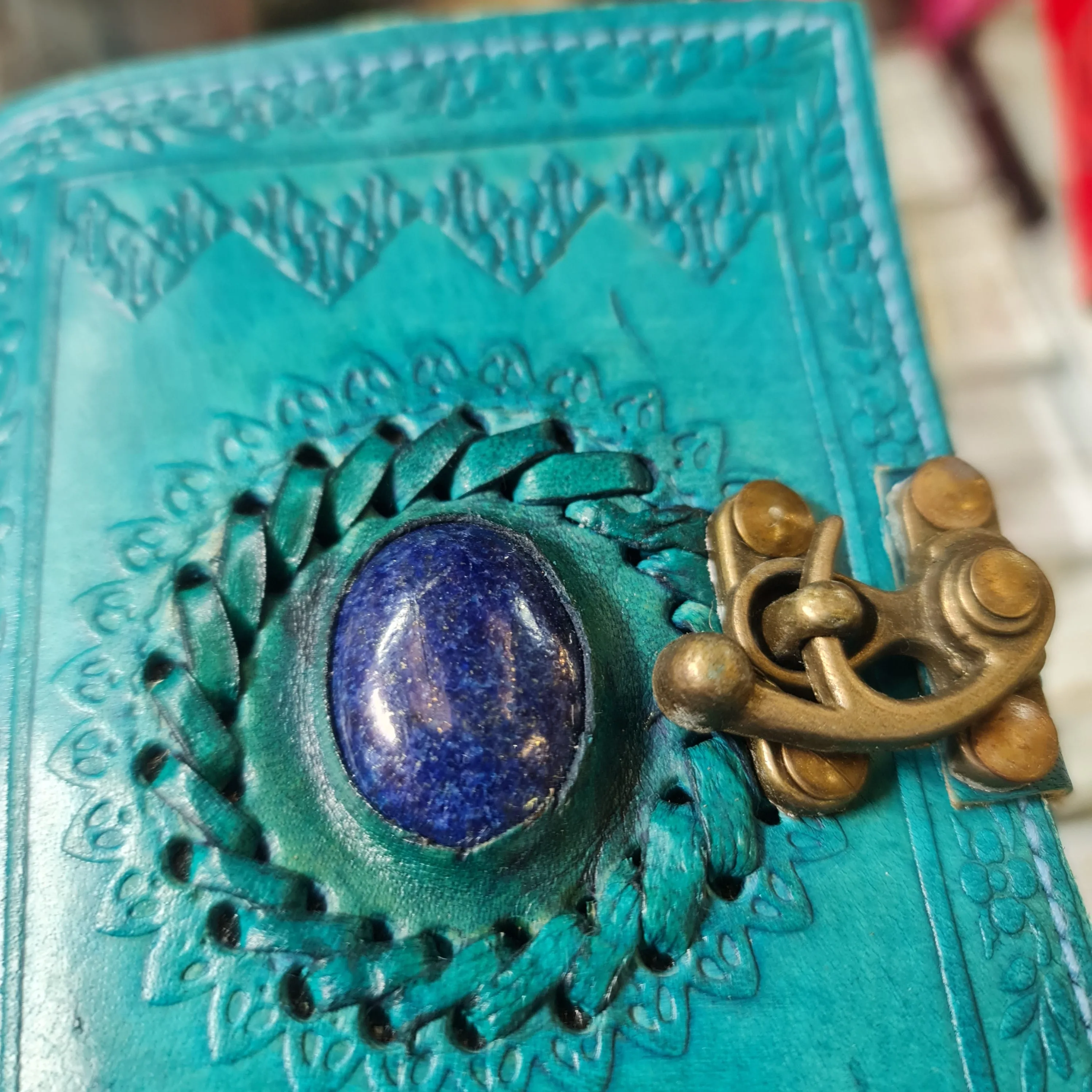 Stone Leather Etched Journal Turquoise or Blue Lapis Lazuli