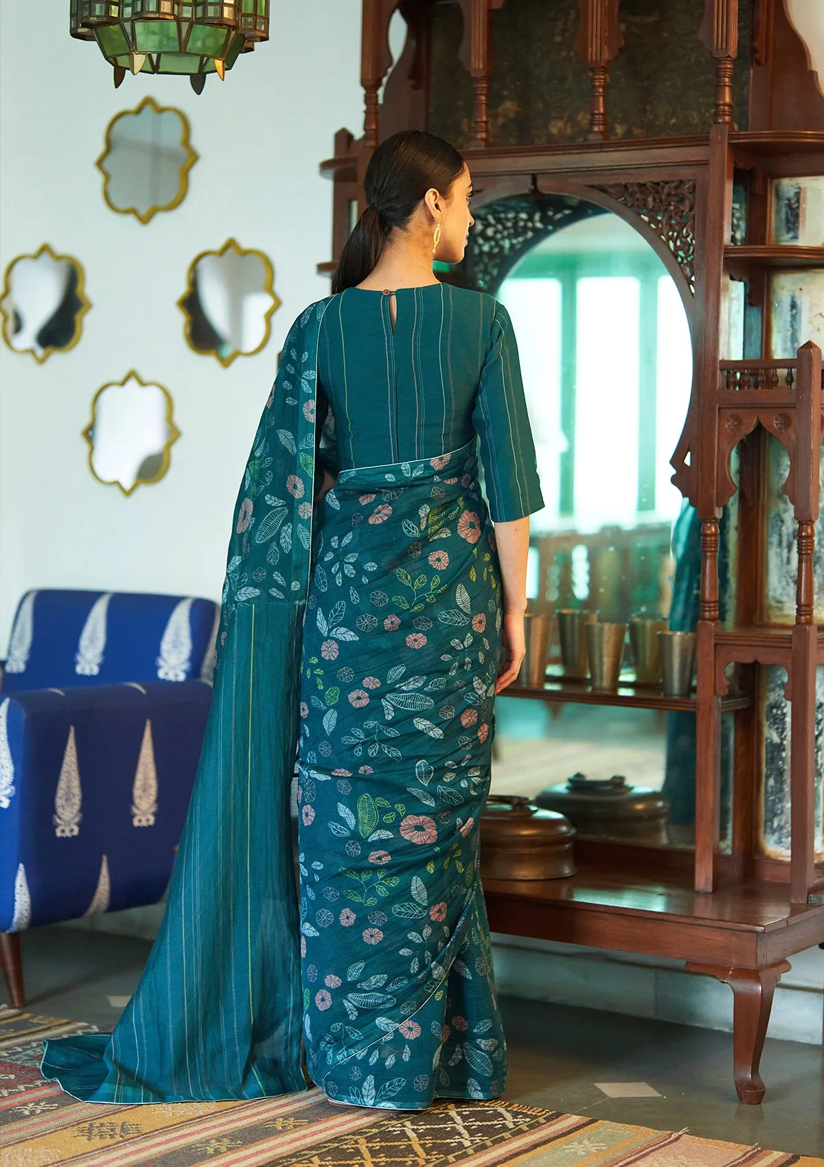 Teal Floral Printed Saree