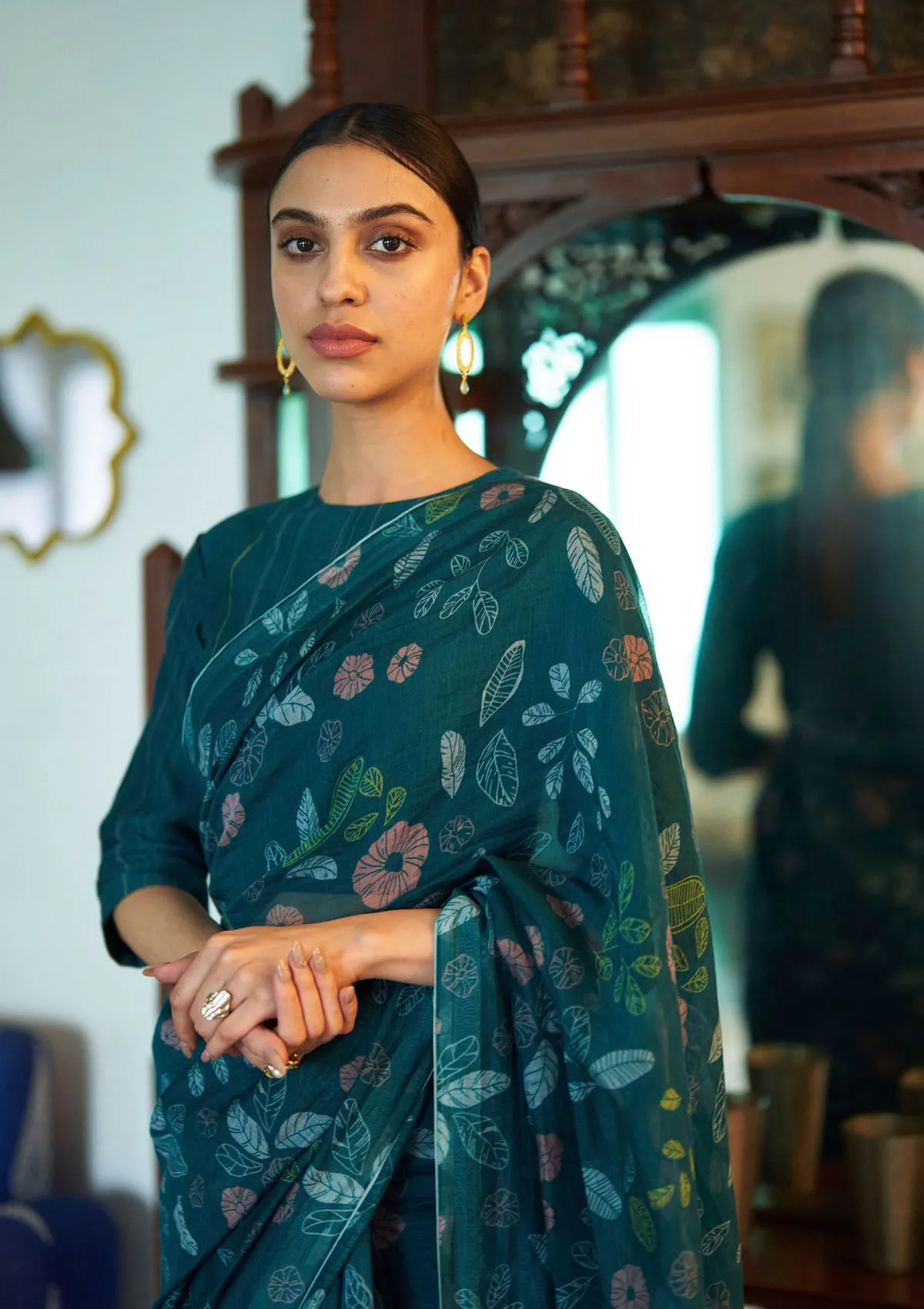 Teal Floral Printed Saree