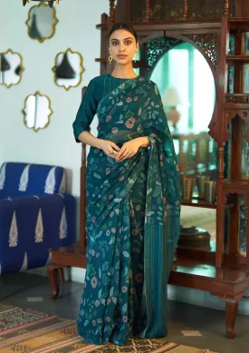 Teal Floral Printed Saree