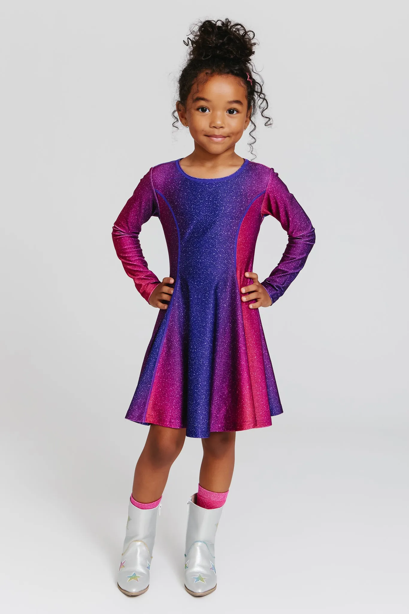 Toddler Hi-Shine Long Sleeve Skater Dress in Jewel Glitter