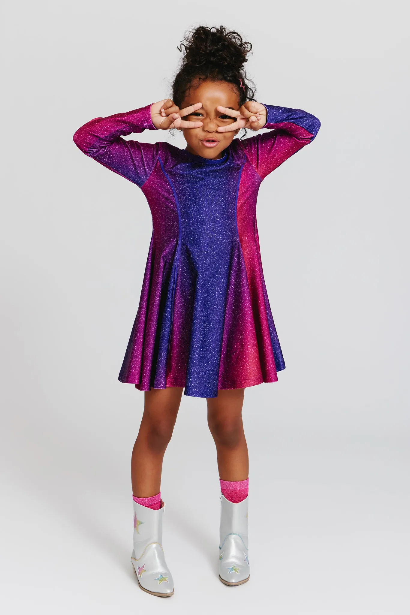 Toddler Hi-Shine Long Sleeve Skater Dress in Jewel Glitter