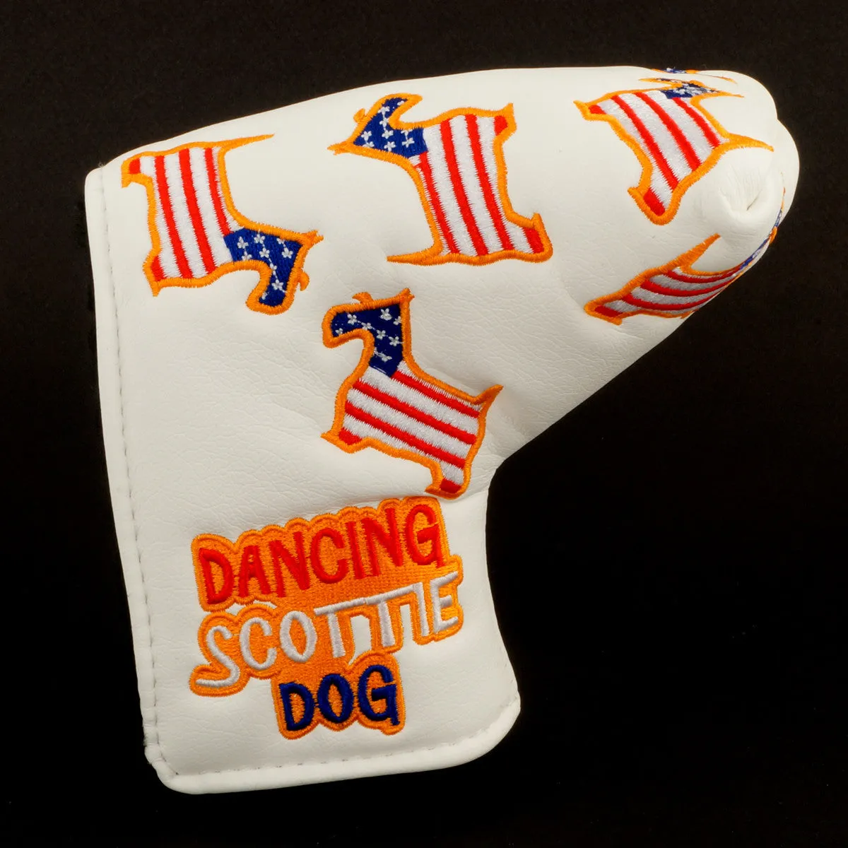 US Flag Dancing Scottie Dog Head Cover for Blade and Midsize Mallet Putter, White