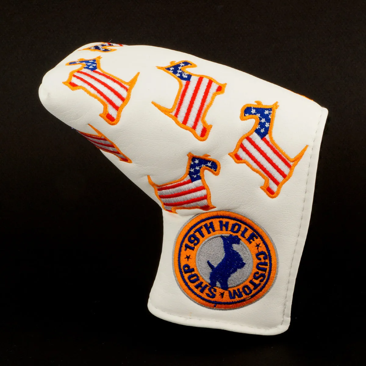 US Flag Dancing Scottie Dog Head Cover for Blade and Midsize Mallet Putter, White