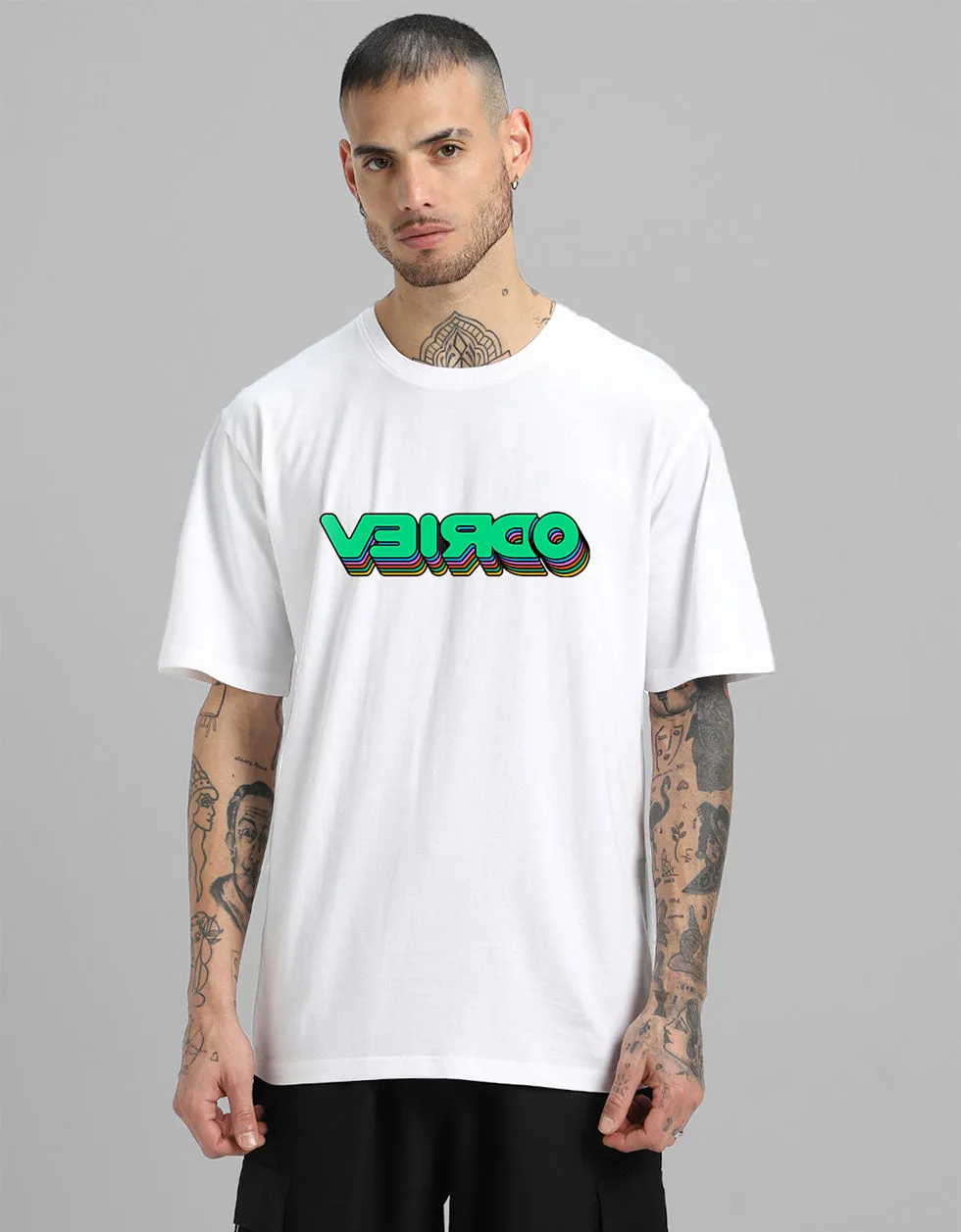 VEIRDO Printed White Men's Front Typographic Printed Tshirt