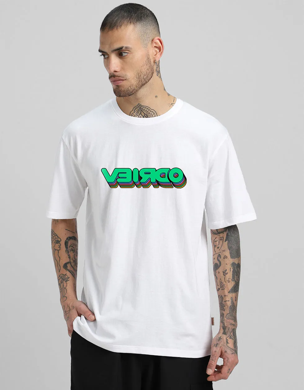 VEIRDO Printed White Men's Front Typographic Printed Tshirt