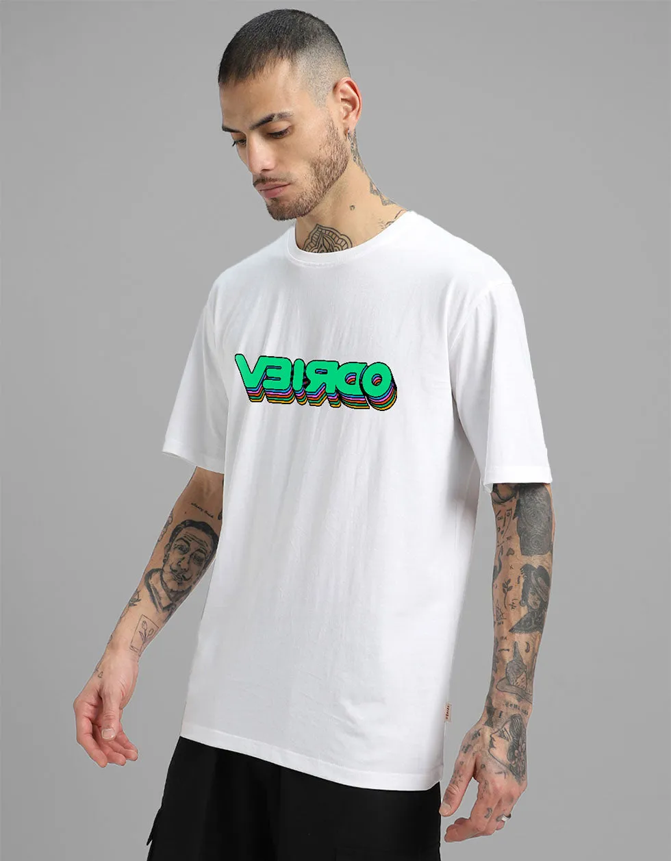 VEIRDO Printed White Men's Front Typographic Printed Tshirt