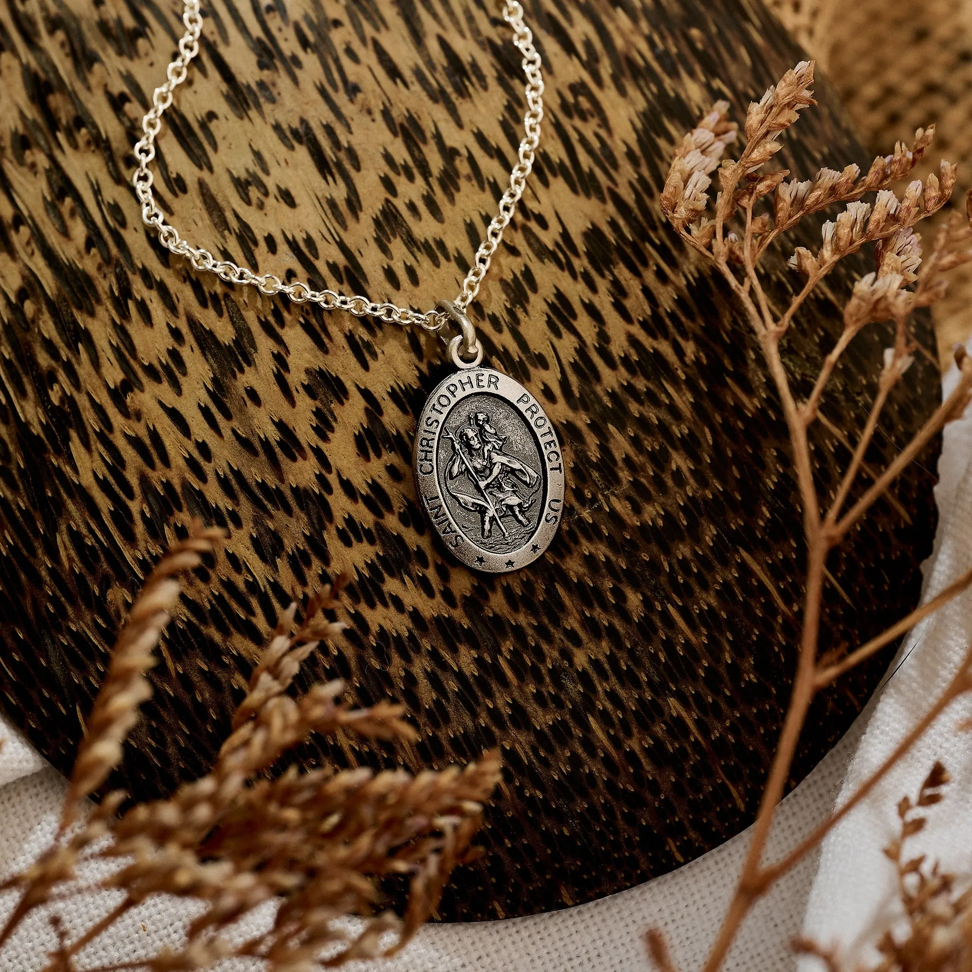 Vintage Style Personalised Small Oval St Christopher Necklace